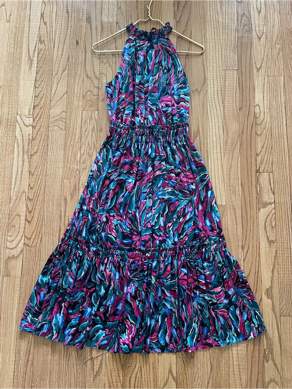 Nicole Miller New York Halter Tiered Casual Midi Dress Teal & Pink Print Size M
